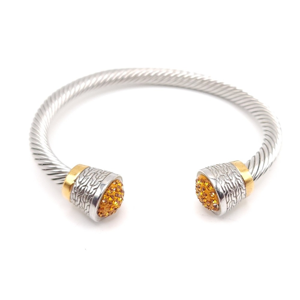 Two Tone Twisted Cable Cuff Bracelet Yellow Rhinestone Accents Silver Gold Tone